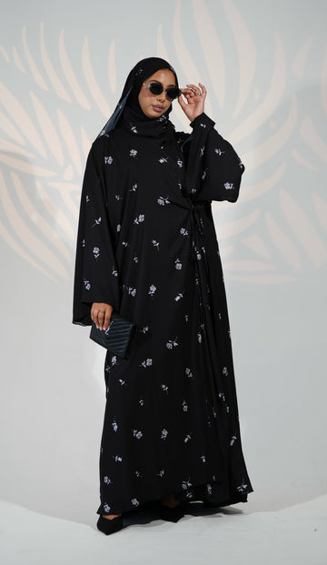 Black Bloom Chiffon Wrap Abaya – Cotton Lined Wrap Dress with matching hijab