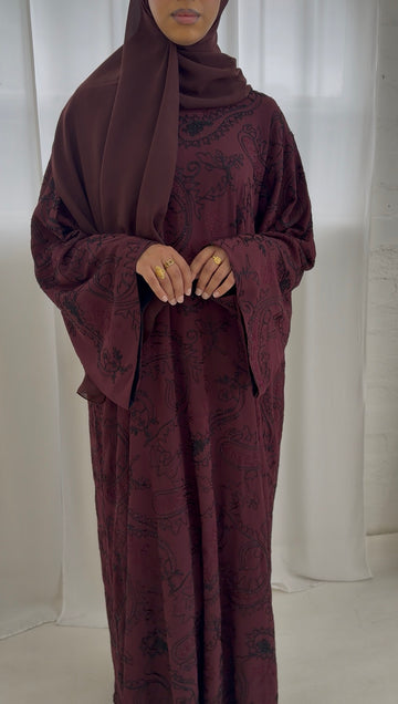 Khadija abaya with embroidery and stones in Burgundy