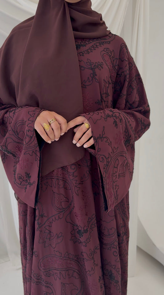 Khadija abaya with embroidery and stones in Burgundy