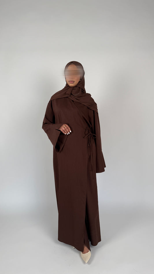 PRE-ORDER Linen/Cotton Wrap Abaya in Rich Brown with matching chiffon hijab