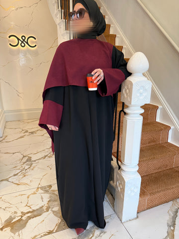 Shawl Abaya - Burgundy with Contrast Sleeves