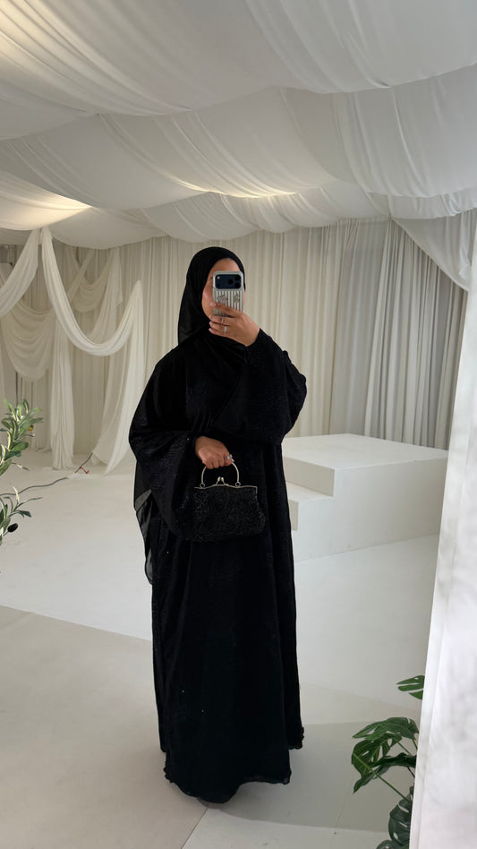 Khadija abaya with embroidery and stones in Black