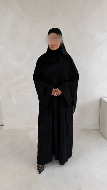 Khadija abaya with embroidery and stones in Black