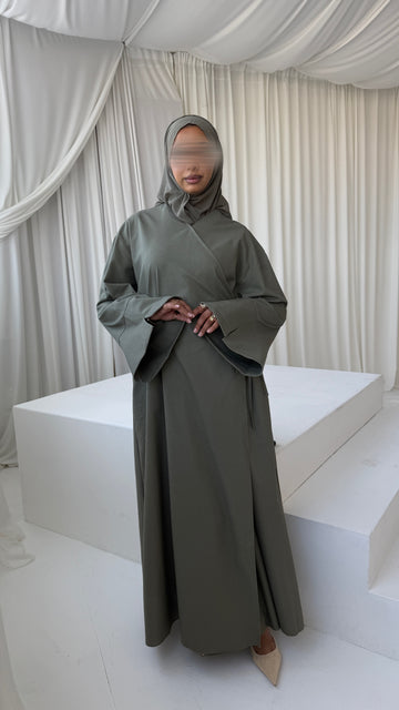 PRE-ORDER Linen/Cotton Wrap Abaya in Deep Sage with matching hijab