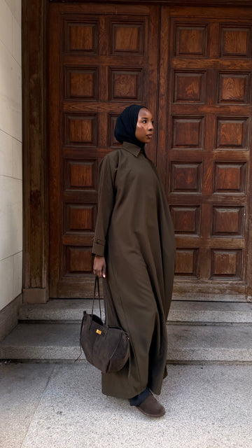 Khaki Green Trench Shirt Abaya