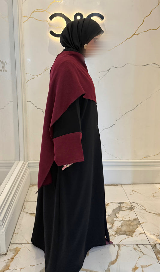 Shawl Abaya - Burgundy with Contrast Sleeves