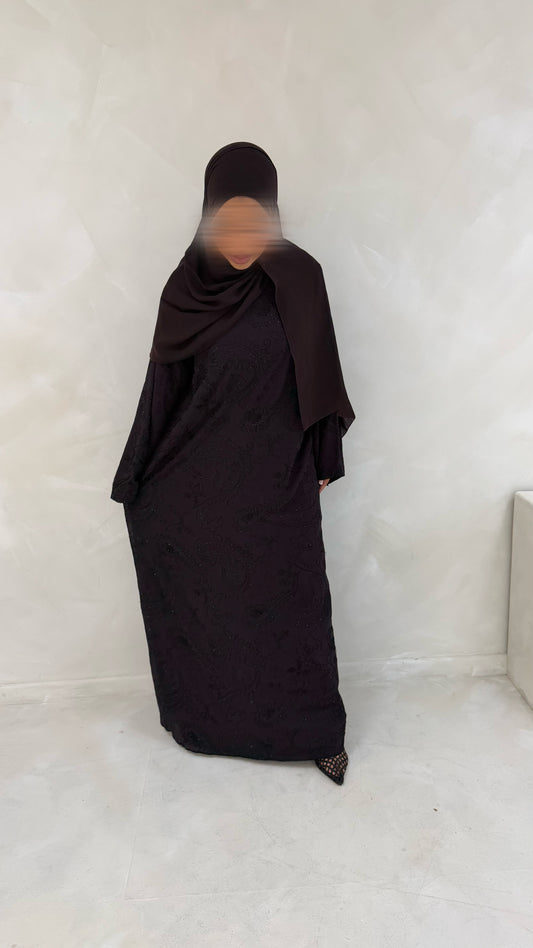 Khadija abaya with embroidery and stones in Plum