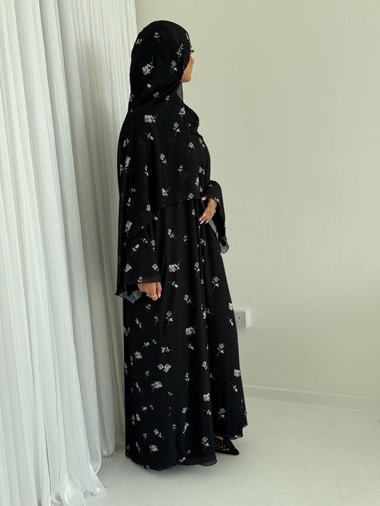 Black Bloom Chiffon Wrap Abaya – Cotton Lined Wrap Dress with matching hijab