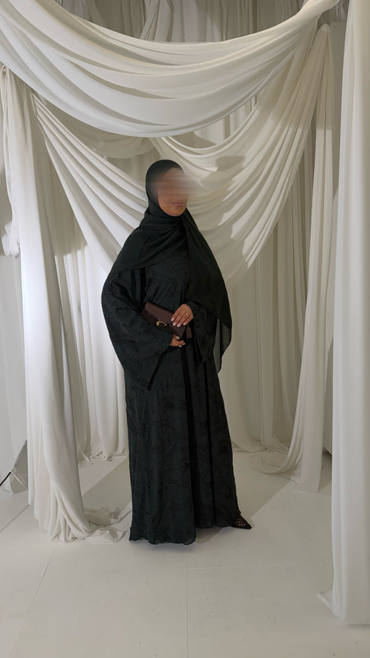 Khadija abaya with embroidery and stones in Emerald