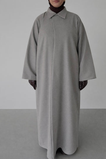 Coat Style Abaya - Grey Melange Asymmetrical Collar - Winter